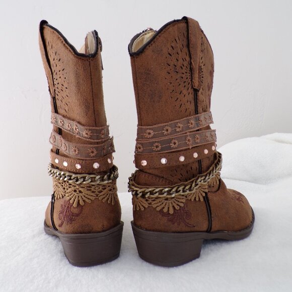 Blingy Lace Chain Detail Embroidered Western Dance Toddler Cowgirl Boots EUC - Picture 4 of 8
